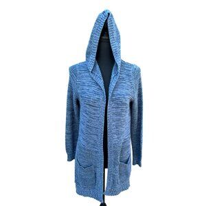 Natural Reflections Blue Knit Hooded Long Open Cardigan Sweater M Minimalist